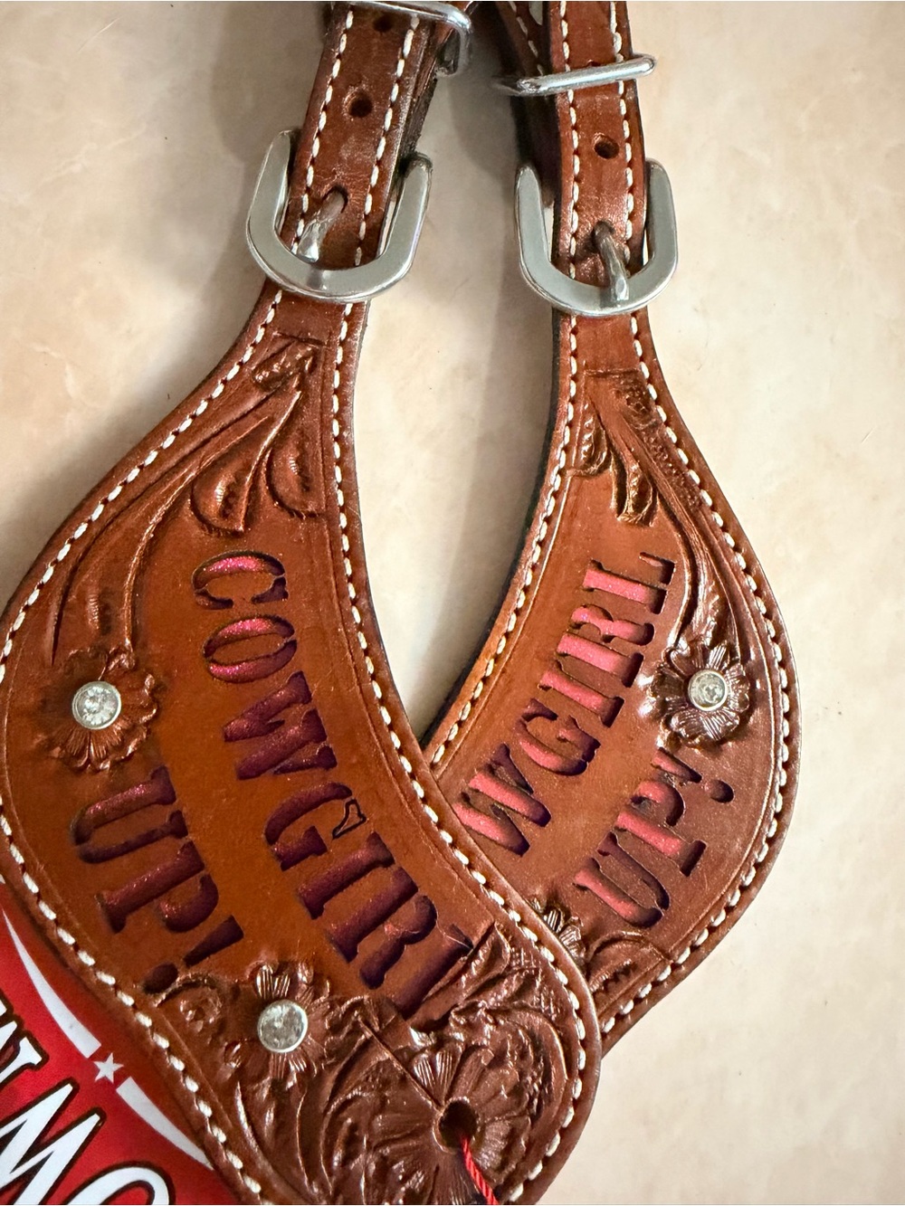 Cowgirl Up in Pink leather & Floral Design western spur straps Rhinestones